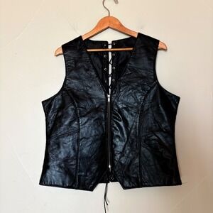 Black Leather Angel Wing Lace Up Back Patchwork Vest Motorcycle Biker SZ M